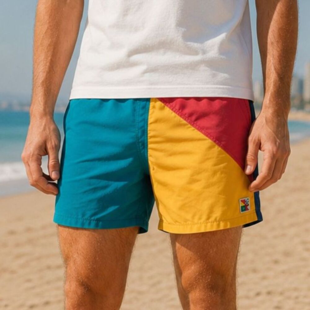 Colorblock Men’s Flat Front Swim Shorts in Teal, Yellow & Red